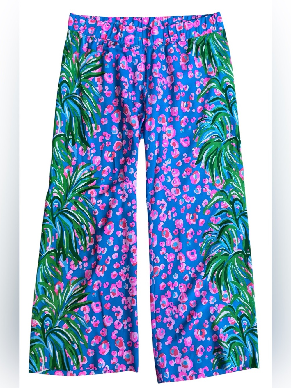 Lilly Pulitzer Blue Pink Tropical Print Wide Leg Pants Size Large